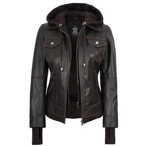 Decrum Genuine Leather Tralee Women Bomber Jacket With Removable Hood - S
